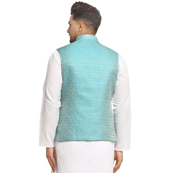 Sleeveless Traditional Brocade Silk Turquoise Blue Nehru Jacket by Treemoda - Picture 3 of 5